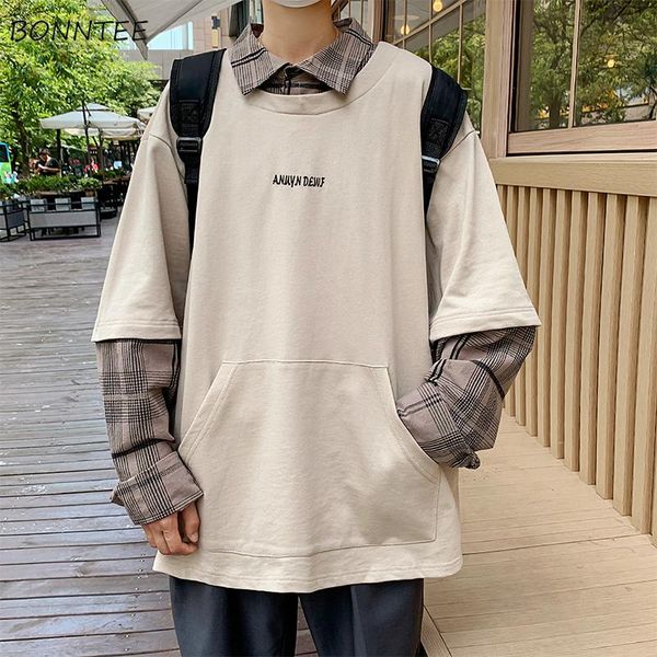 

men's hoodies & sweatshirts no hat men plaid printed turn down collar fake two pieces preppy style ins teens casual high street loose, Black