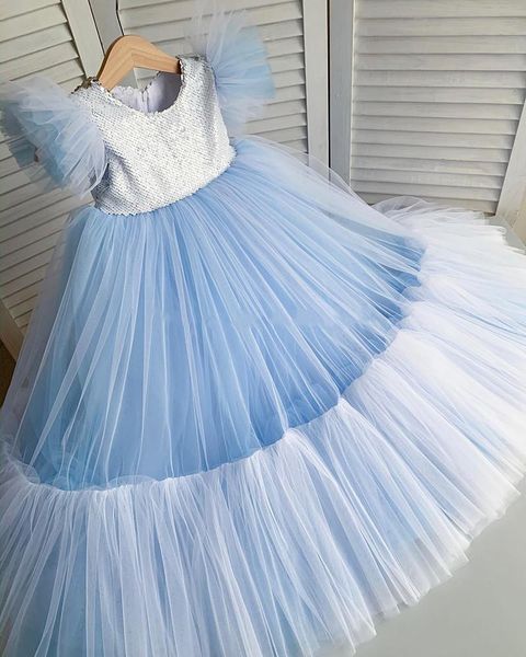 

sky blue flower girl dress for wedding silver sequined puffy girls pageant gowns kids clothes custom made girl's dresses, Red;yellow