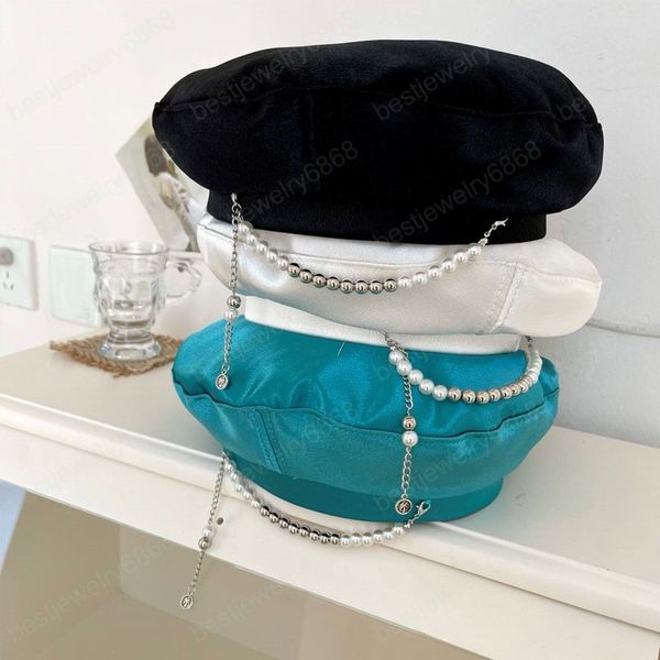 Chapéus de Beret de Seda de Estilo Coréia para Mulheres com Corrente de Pérola Top Pintor Tong Chapéu Fashion Teen Girl Decorative Cap