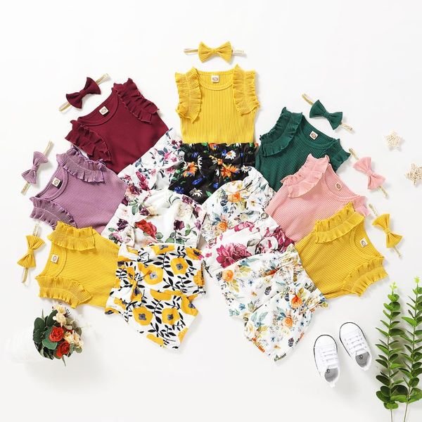 Baby Girl Sets 12-18 Meses Meninas Infantias Meninas Sem Mangas Romper Calções Florais Calças Verão Crianças Roupas 3pcs Roupas