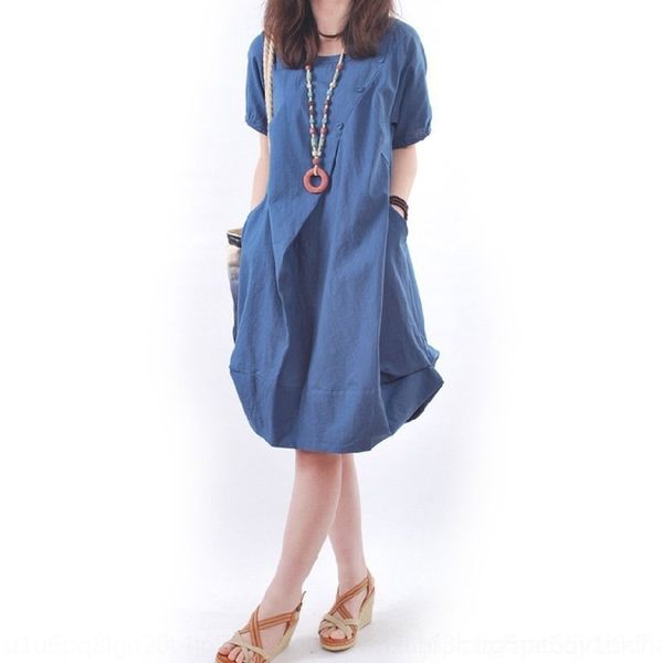 

as4d 2020 summer plus size es korean women's large size loose fat mm casual pleated cotton hemp round neck short sleeve dress scotton a