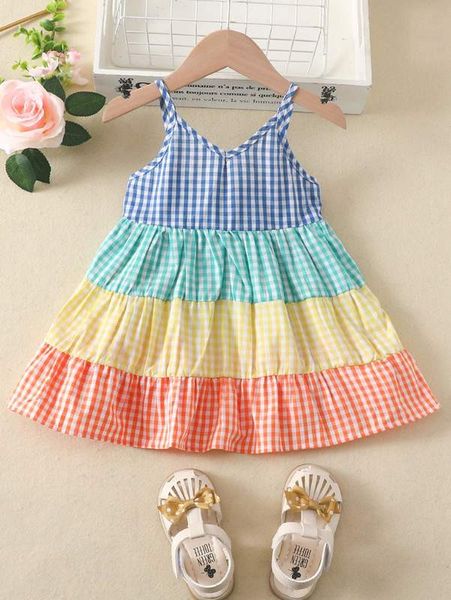 

baby color block gingham ruffle hem cami dress she, Red;yellow