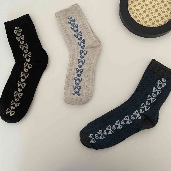 

korean bow girl heart sweet jacquard tube art socks children, Black;white