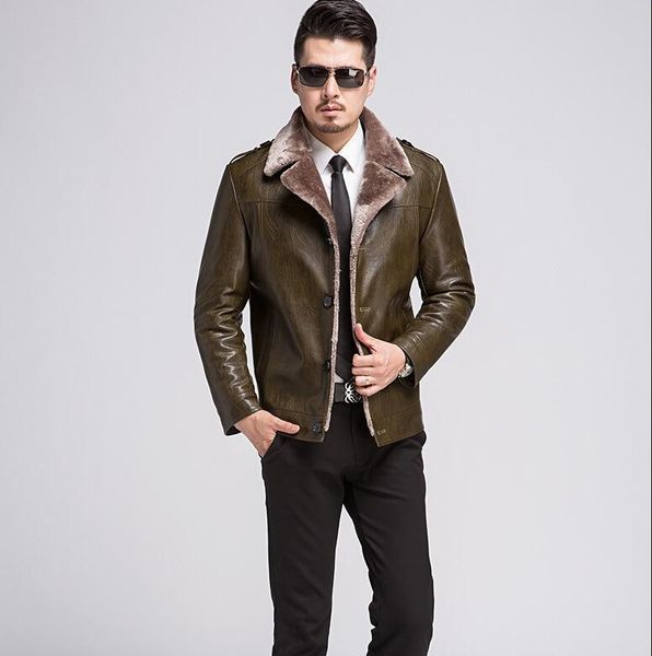 

men's fur & faux winter clothing coat casual lapel leather jacket thickening warm outwear lamb jackets, Black