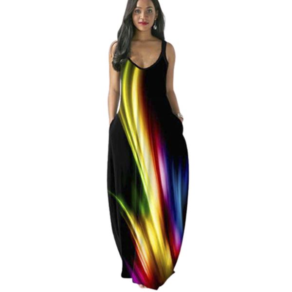 

rainbow sunflower print dress women summer v neck sleeveless loose long maxi dress striped beachwear dresses vestidos plus size, Black;gray