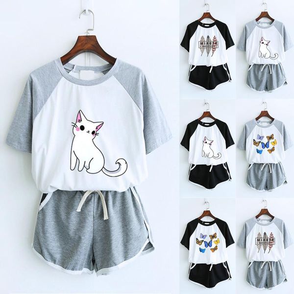 

women's tracksuits cute cat print sets korean casual summer fashion t-shirts +short pants pocket shorts home sports set conjuntos de mu, Gray