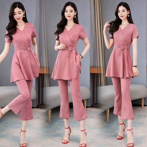 

women's tracksuits two piece sets 2021 summer women v-neck solid long blouse shirt +pants trousers office lady 2 suits, Gray