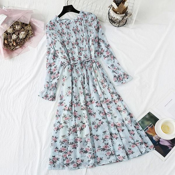 

dresses women spring autumn vintage floral print pleated chiffon long sleeve loose plus size es vestidos, Black;gray