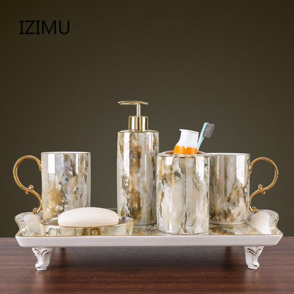 

bath accessory set ceramic bathroom five-piece gold tooth brush holder soap dispenser box decoration accessories wedding gifts