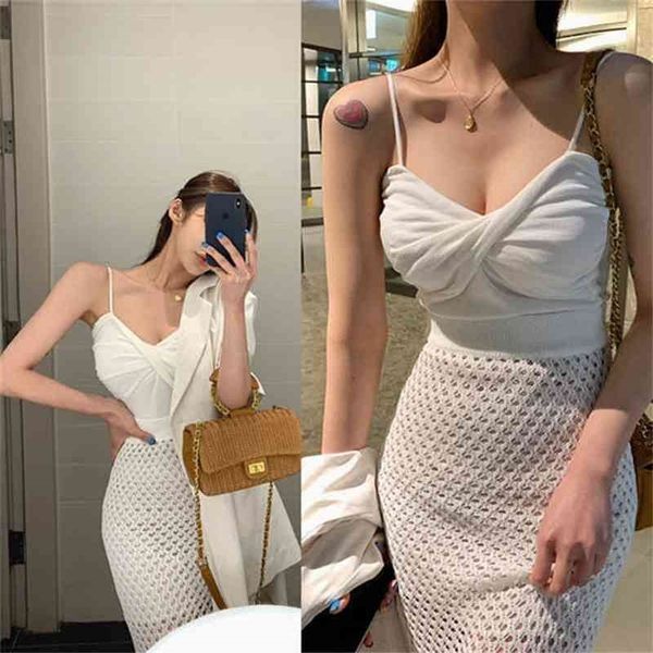 

korean women's bottoming shirt simple v-neck folds twisted slim suspenders camis broadcloth cotton casual 210416, White