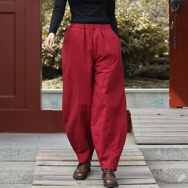 Pantaloni Harem caldi in vita elastica per il tempo libero in lino di cotone Johnature Pantaloni a figura intera da donna larghi e comodi autunno inverno 210521