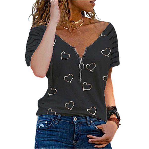 

women's t-shirt black women t-shirts short sleeve heart print fashion tee zippers v-neck casual female summer loose plus size 5xl, White