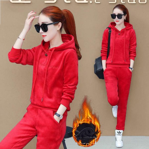 

women's two piece pants winter thicken velvet tracksuit set women outfit casual hoodies and sweatpants fashion velour sweatsuit, White