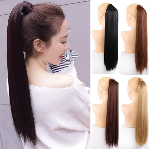 

synthetic wigs long silky straight ponytails in tail heat resistant fake hair lengthening hairpiece for woman, Black