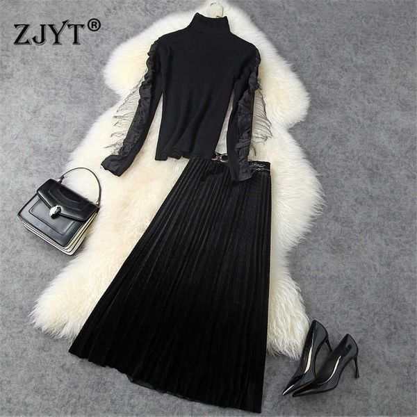 

fashion winter runway set women turtleneck knit and midi velour skirt suit elegant lady party outfits 210601, White