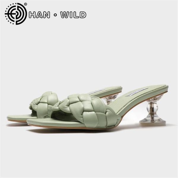 

summer fashion transparent heel women slippers ladies mules weave leather elegant female sandals high heels outside slides, Black