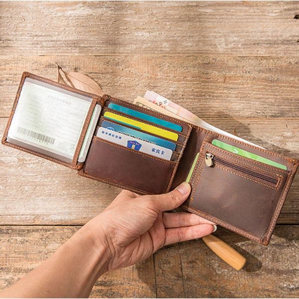 

wallets genuine leather mens crazy horse men wallet coin pocket and card holder purses for male, Red;black