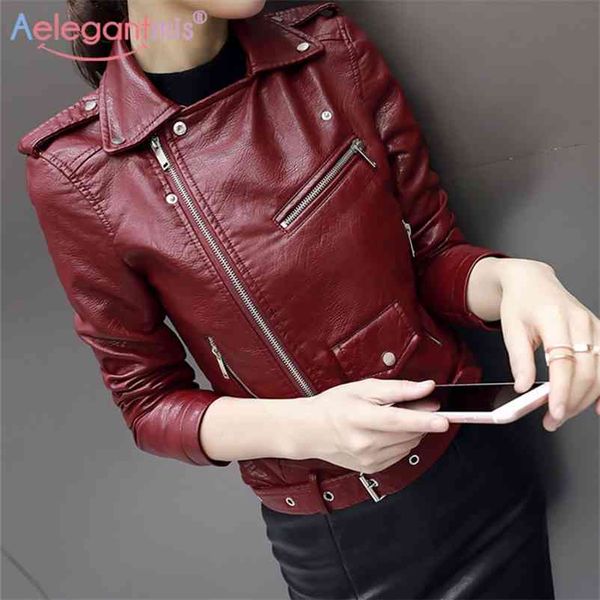 Aelegantmis Herumn Kurzweite weiche Faux Leder Jacke Frauen Mode Reißverschluss Motorrad PU Lederjacke Ladies Basic Street Coat 210722