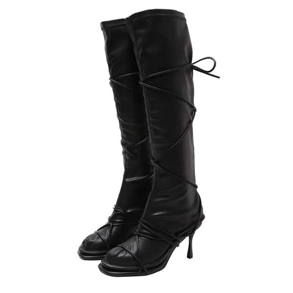 

boots stretch long boots women high heel elastic summer runway tt two wear sandals female catwalk over knee 679t, Black