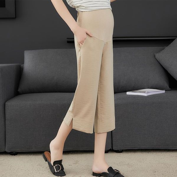 

maternity bottoms 2021 summer fashion pregnant women wide-legged pants+pockets solid color side split cotton and linen straight trousers, White