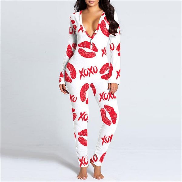 

casual close fitting jumpsuit, women rompers lips wave points printed pattern long sleeve one piece, red white wine, Black;white