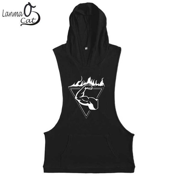 

mannen bodybuilding gym fitness hoodie workout kleding voor mannelijke gedrukt vest gyn tank top, Black