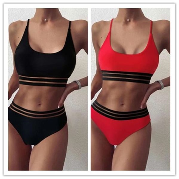 Costume da bagno nero da donna estivo bikini a vita media 2 pezzi stile sportivo sexy perizoma a fascia brasiliano biquini costume da bagno femminile 210722