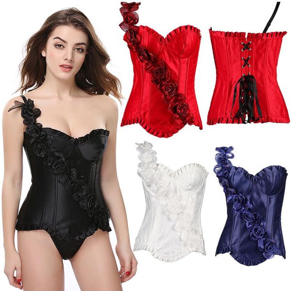 

bustiers & corsets women vintage overbust corset lace up slimming body shaperwear gothic slingle shoulder rose appliques female, Black;white