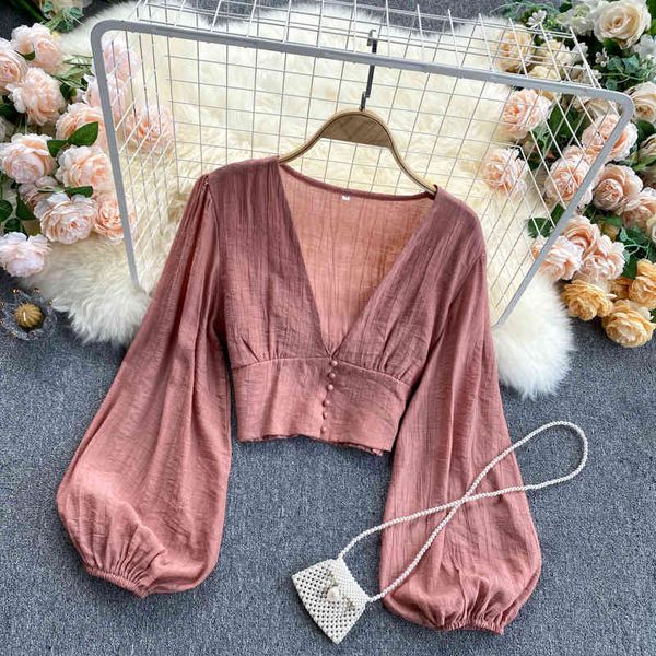 

singreiny women korean blouse elegant solid v neck puff sleeve slim short autumn fashion streetwear blouses 210419, White