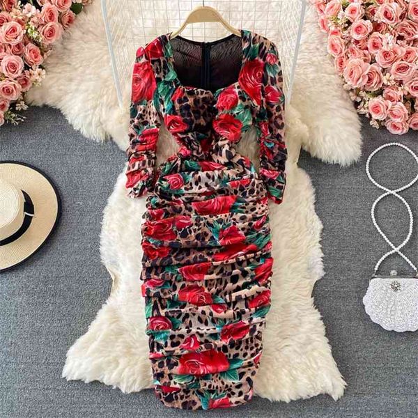 Summer Women Dress Mesh Increspato aderente Midi Party Vintage Rose Leopard Print Slim Fit Sexy Abito elegante 210603