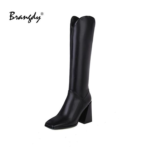 

boots brangdy retro women knee high pu leather shoes square toe zipper heel pumps winter with warm fur, Black