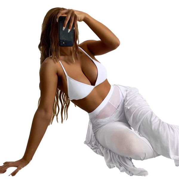 

women's swimwear 3 pieces set, female solid color bikini + panties+ see-through trousers for summer, white/red/apricot/black, White;black