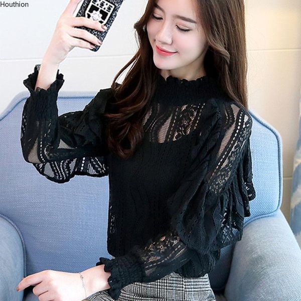

women's blouses & shirts blouse lace shirt net yarn hollow slim solid summer office lady fashion casual blusas houthion, White