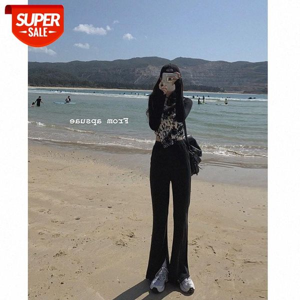 

net celebrity waist slim straight-leg pants [a sense of air wang blasted split slacks] one drop #fl32, Black;white