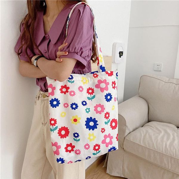 

shopping bags women canvas shoulder bag colorful flowers pattern ladies' eco friendly cloth cotton fabric zipper tote for girls