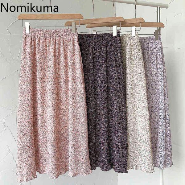 

nomikuma fresh floral printed mid calf skirt women korean style sweet stretch waist a-line skirts fashion trend faldas 210514, Black