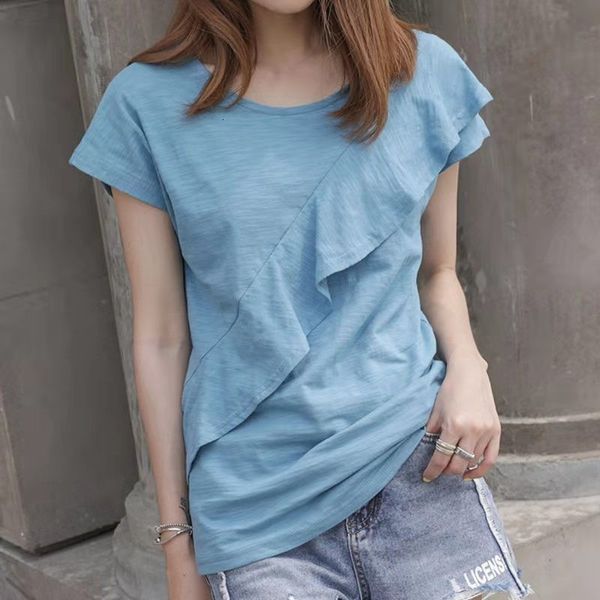 

women's t-shirt arrival summer korean style women casual slim short sleeve o-neck t shirt all-matched cotton ruffles patchwork t-shirt, White