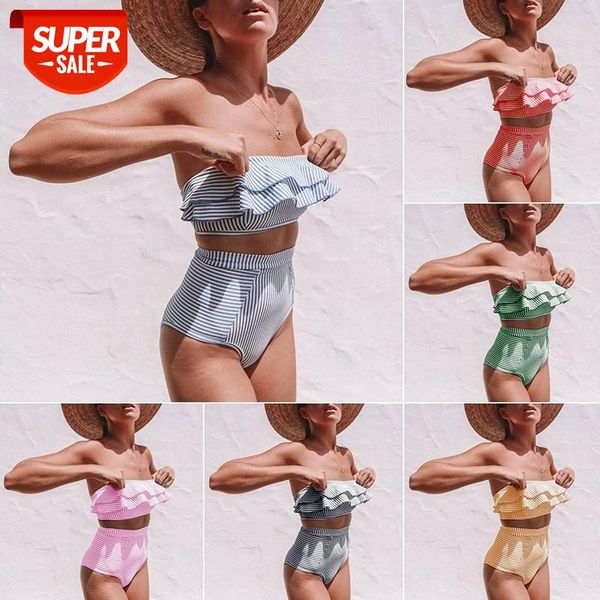

2021 high waist bikini swimsuit women ruffle swimwear striped set off shoulder bandeau bathing suit summer beachwear #if0f, White;black