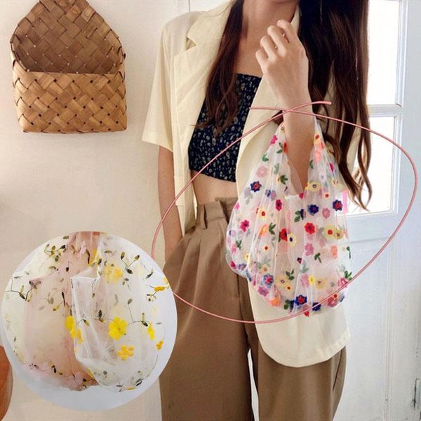 

storage bags 1pcs korea ins fashion translucent tulle embroidery flower bag floral fairy small fresh mesh hand convenient shopping