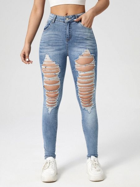 

high waist ripped skinny jeans m30i#, Blue