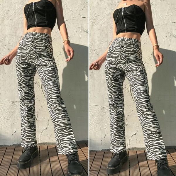 

women animal zebra print striped high waist casual pants fashion straight wide leg streetwear bell bottom women's & capris, Black;white