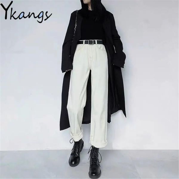 

women's jeans high waist button zipper solid color wide leg loose korean fashion women streetwear denim pants plus fleece basic trouser, Blue