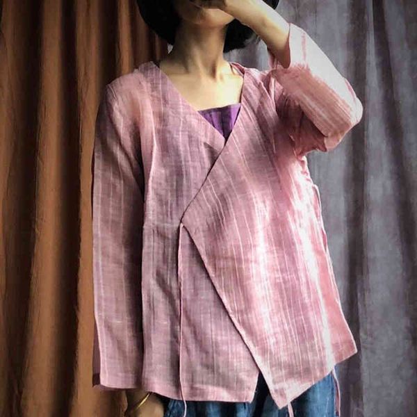 

johnature women pink v-neck shirts autumn vintage solid color blouses loose linen nine quarter sleeve women short 210521, White