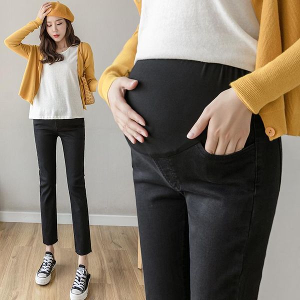 

8929# autumn spring black stretch denim maternity jeans slim straight belly pants clothes for pregnant women pregnancy trousers bottoms, White