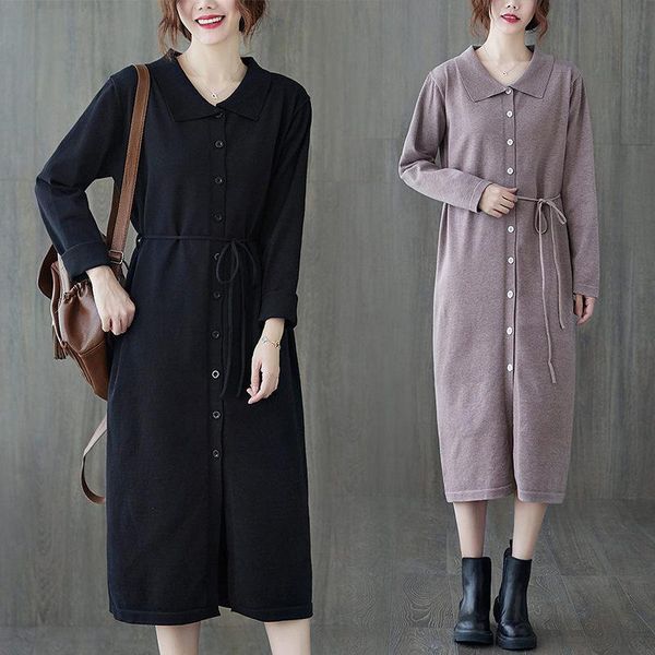 

casual dresses sweater shirt dress autumn literary loose versatile single breasted lace up long sleeve knitted women fashion robes m472, Black;gray