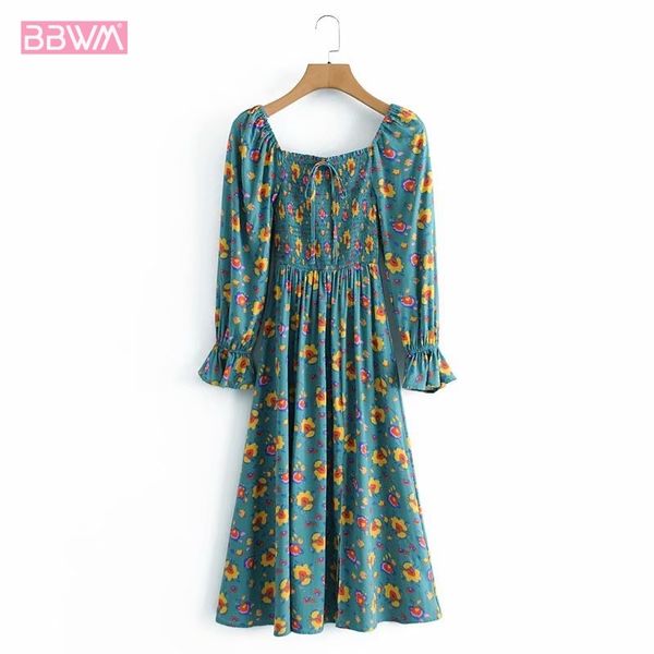 

spring women's clothing vintage fashion square collar long sleeves thin waist floral print dress chic female dresses 210507, Black;gray
