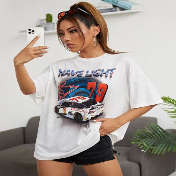 

2021 new loose fitting women's large car printed short sleeve t-shirt, White;black