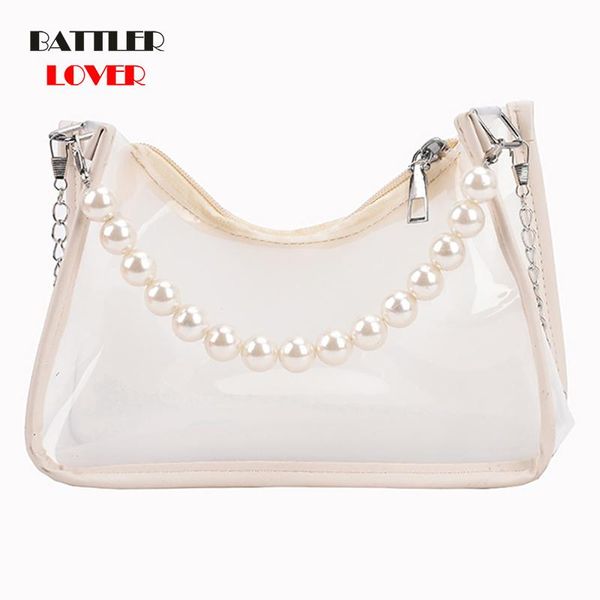 

totes fashion transparent shoulder armpit bag for women 2021 pearl chain beading crossbody bags female leisure purses and handbags