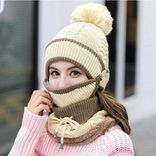 

selling women knitted beanie scarf hat face mask set snood neck winter pompom cap thicken outdoor hats, Black;white