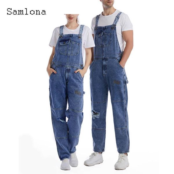 

men's jeans samlona plus size casual denim overalls pantalon european and american style 2021 hole ripped strappy demin jumpsuit, Blue